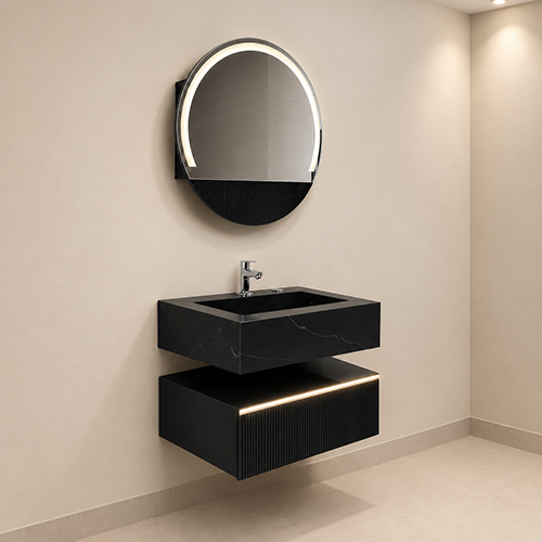 ACODE UC 26 BLACK, Size: 60 × 50 × 16 CM / 60 × 48 × 20 CM| Premium PVC Board Construction| Stylish Stone Basin| Ideal for Modern Bathrooms Nill
